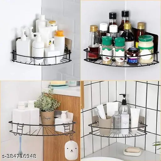 Wall Mounted Self-Adhesive Corner Shelf – Pack of 2, GI Metal, Black (Bathroom & Kitchen Use)