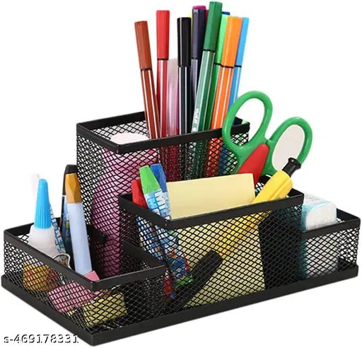 OCHHAV Metal Desk Organizer with 4 Different Compartment, Metal Mesh Desk Organizer Stationary Storage Stand Pen, Pencil Holder for Office, Home, and Study Table.