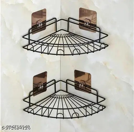 Wall Mounted Self-Adhesive Corner Shelf – Pack of 2, GI Metal, Black (Bathroom & Kitchen Use)