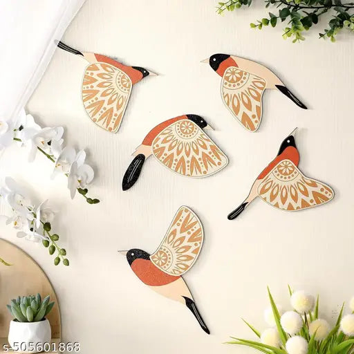 Kalasagar Premium Wooden 3D 5 Pieces Birds on Rope Wall Art Panel | Wood Bird Folk Art Wall Hanging Art Decoration Item for Living Room, Bedroom, Drawing Room, Dining Room & Office (Orange)