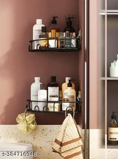 Wall Mounted Self-Adhesive Corner Shelf – Pack of 2, GI Metal, Black (Bathroom & Kitchen Use)