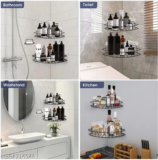 Wall Mounted Self-Adhesive Corner Shelf – Pack of 2, GI Metal, Black (Bathroom & Kitchen Use)