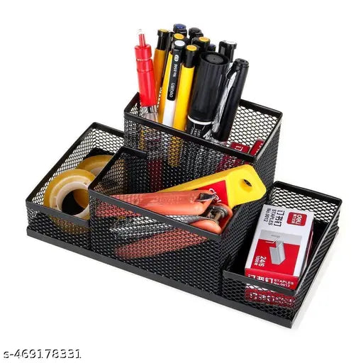 OCHHAV Metal Desk Organizer with 4 Different Compartment, Metal Mesh Desk Organizer Stationary Storage Stand Pen, Pencil Holder for Office, Home, and Study Table.