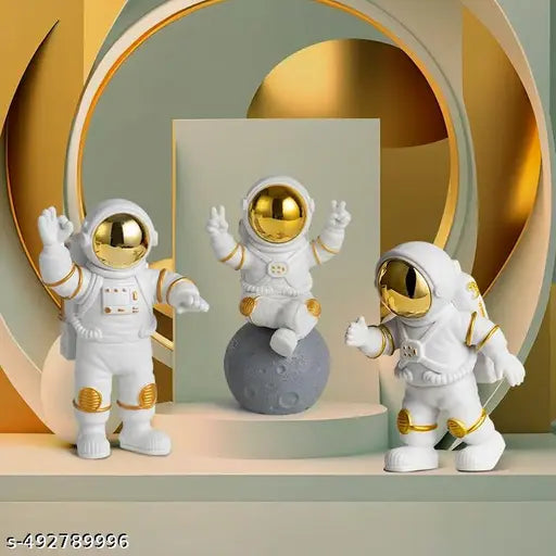 AccuPrints 3-Piece Golden Astronaut Figurine Set – Home, Office & Desk Decor Showpiece